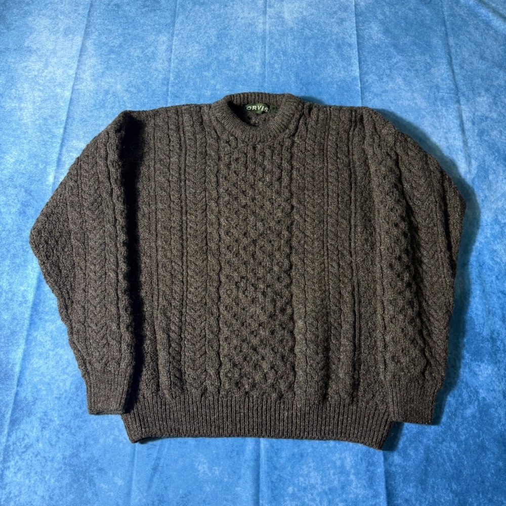 Orvis Mens Large Brown Wool Cable Knit Sweater Made in Ireland Crew Neck